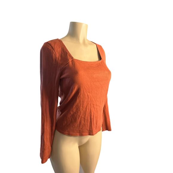 Women S Anthropologie T.La Ribbed Square-Neck Top Rust Long Sleeved Tee T-Shirt - Picture 1 of 6